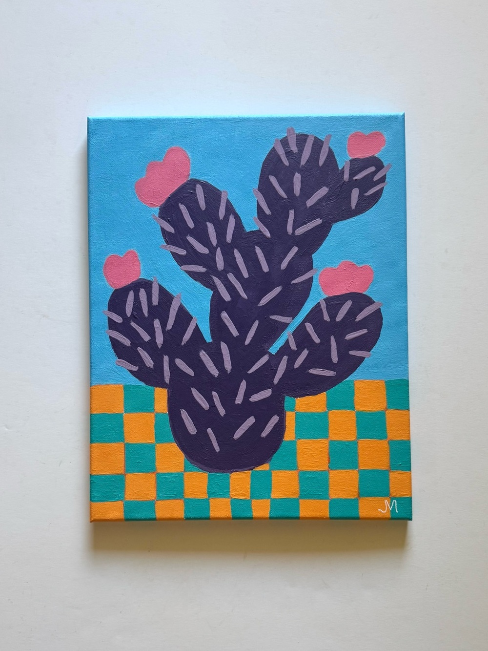 Purple Cactus with Pink Blooms and Turquoise Sky